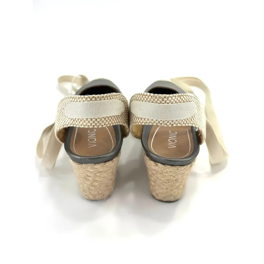 Vionic Maris Wedge Sandal Size 9/41 Gray/Pewter Leather Espadrille Closed Toe